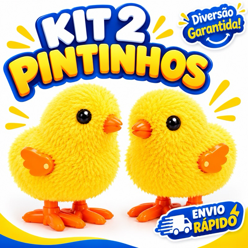 Kit 2 Pintinhos Amarelos de Corda com Movimento Brinquedo Infantil Interativo