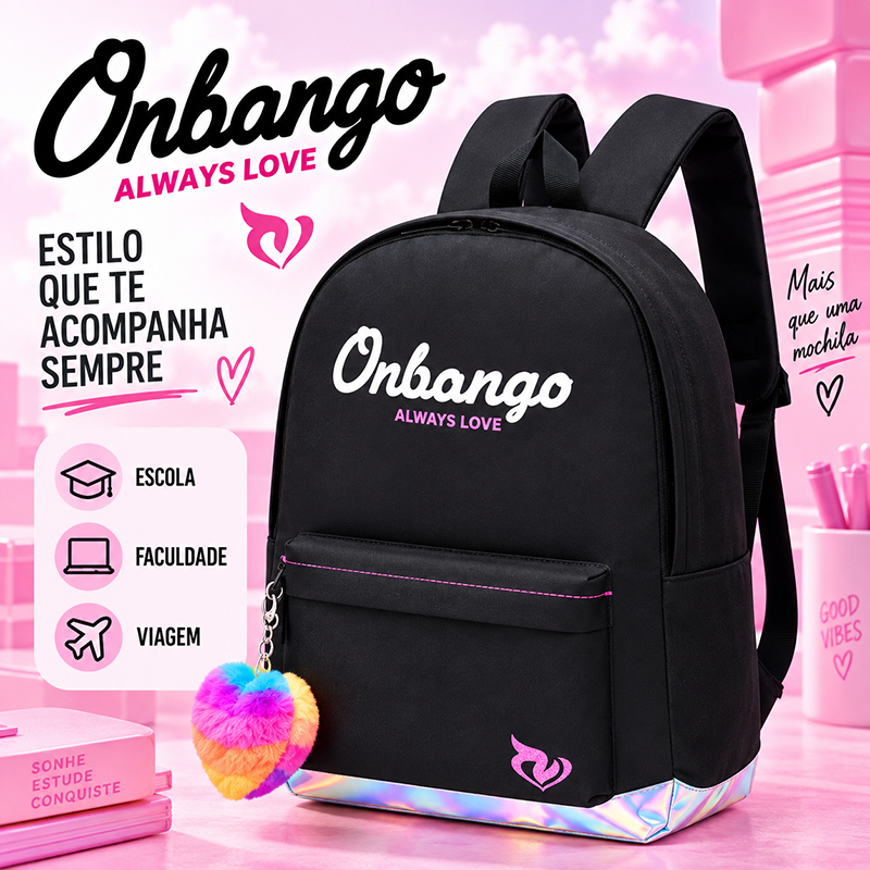 Mochila Feminina Onbongo Escolar Faculdade Notebook 14 Viagem Resistente 16L Com Pompom