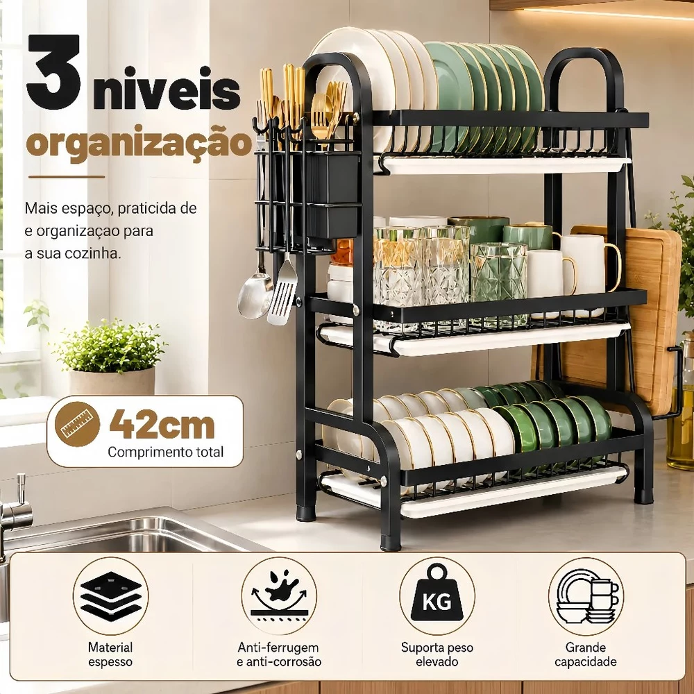 Escorredor Organizador de Louças 3 andar Preto Aço Inoxidável Rack