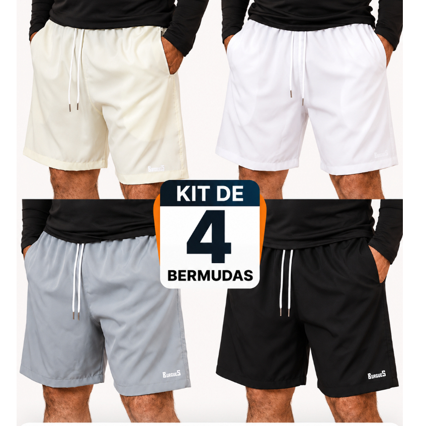 KIT 4 Bermuda Masculina Tactel Com Elastano Secagem Rápida Praia Academia Treino Casual Bolso Premium, KIT com 4