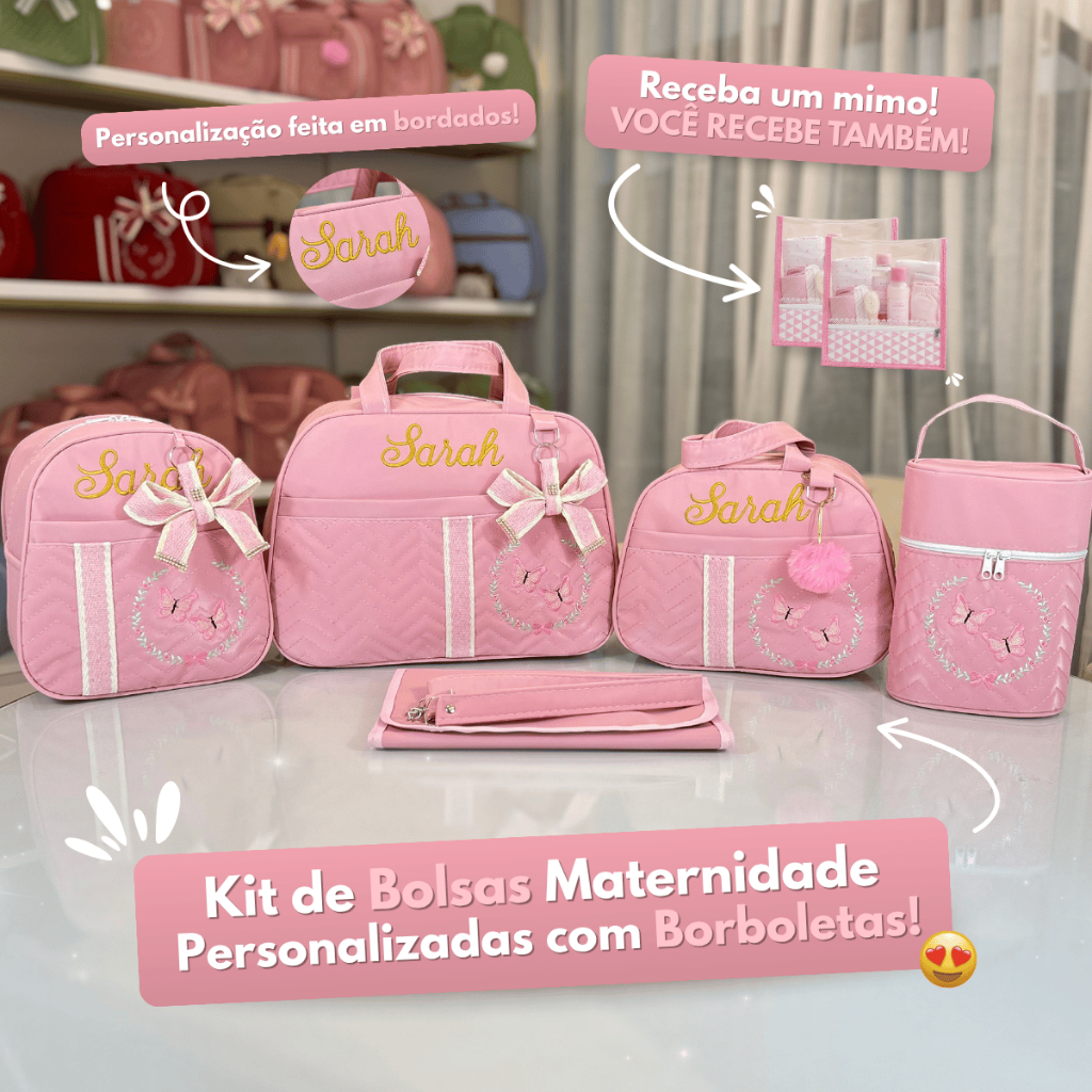 Kit para Bebê Personalizado Bolsa Maternidade com Borboletas Completo com 5 peças para Menina