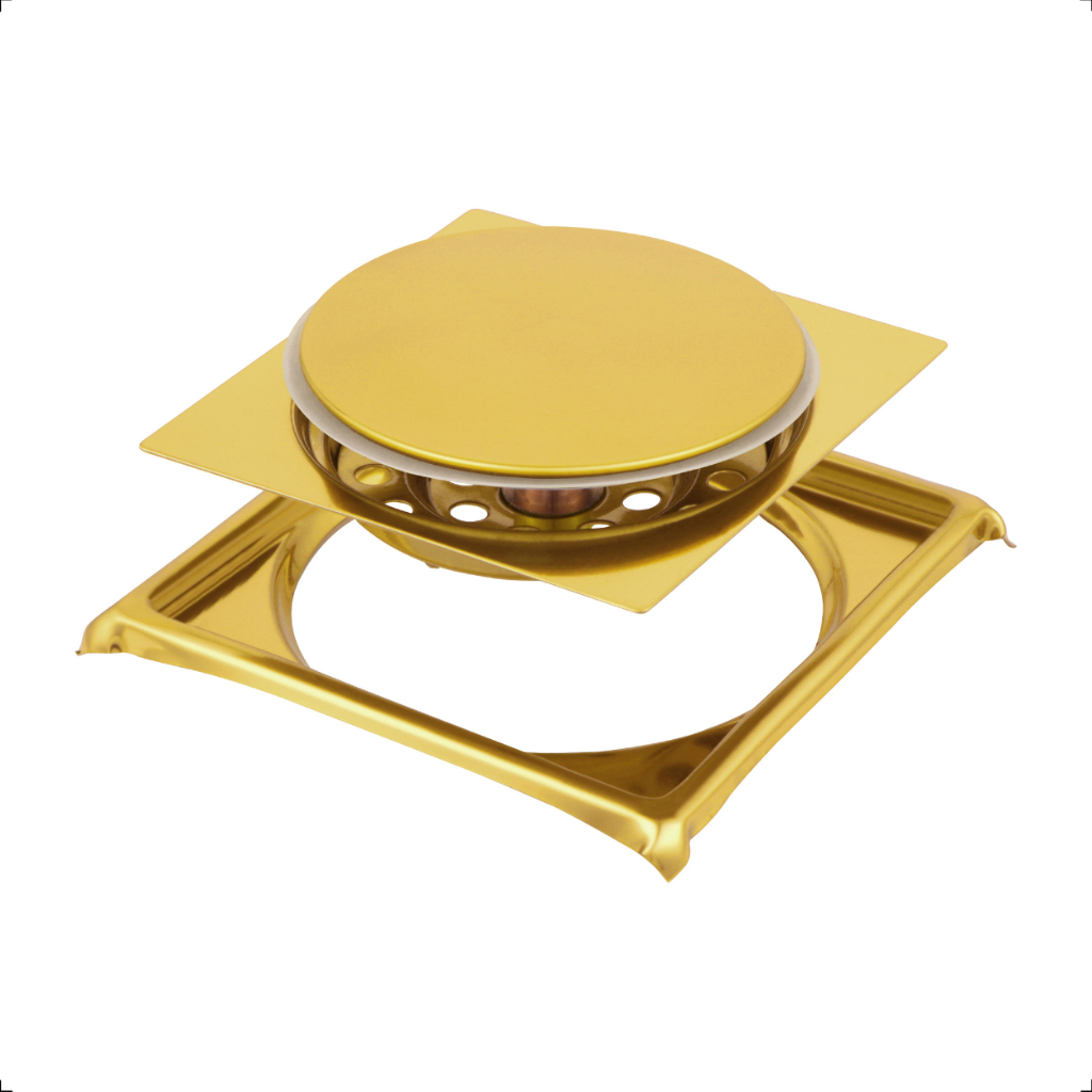 Ralo Click 10x10 Com Porta Grelhas Dourado Gold em Aço Inox Quadrado Inteligente Para Banheiro