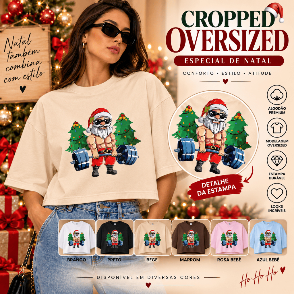 Cropped Oversized Feminino Natalino Papai Noel Maromba Academia Fitness Estampado Moda Natal Confortável Casual