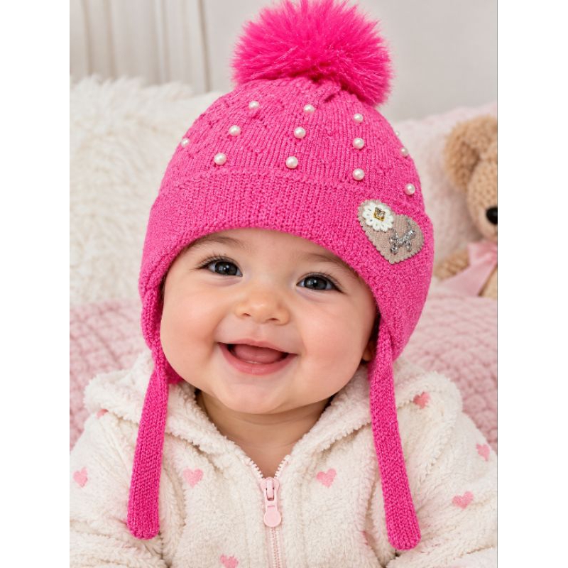Touca Infantil Bebê Rosa com Pompom Pérolas detalhes Touca de Inverno Menina quentinha Para creche escola passeio