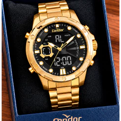 Relógio Condor Masculino Dourado Anadigi Original Garantia