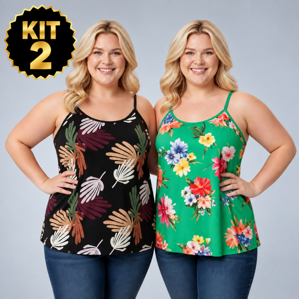 Kit 2 Blusas Femininas Regata Liganete Plus Size G1 G2 Alça Estampas Variadas Confortável Leve