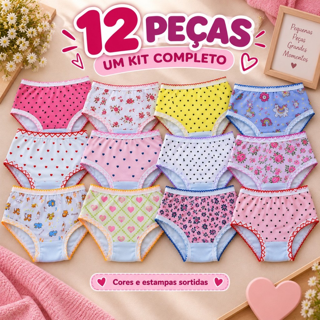 Kit 12 Calcinhas Infantis Menina 100% Algodão Estampas Sortidas Confortáveis