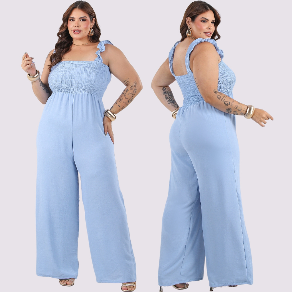 Macacão Pantalona de alça,busto de lastex casual chic elegante Moda Maior Curve Midsize lisos e estampados veste ate 56