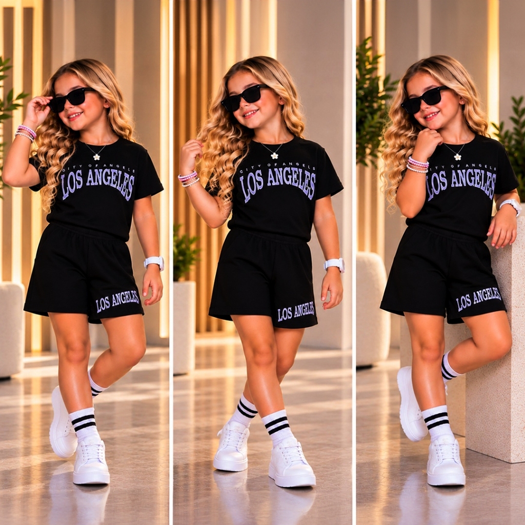 Conjunto Infanti Menina - Camiseta e Short - Veste (4 anos aos 14 anos) - Tecido (Camiseta de malha e Short de chimpa)