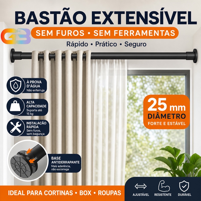 Barra Extensível Multiuso 30cm a 2,6m Varão para Cortina de Banheiro, Box, Armário e Cabides Cores Variadas SSG