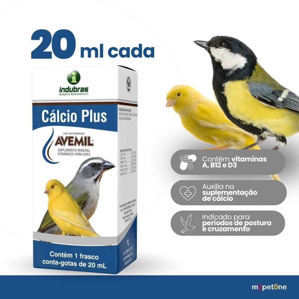 Avemil Cálcio Plus 20ml Aves Suplemento Vitamínico Para Pássaros - Indubras