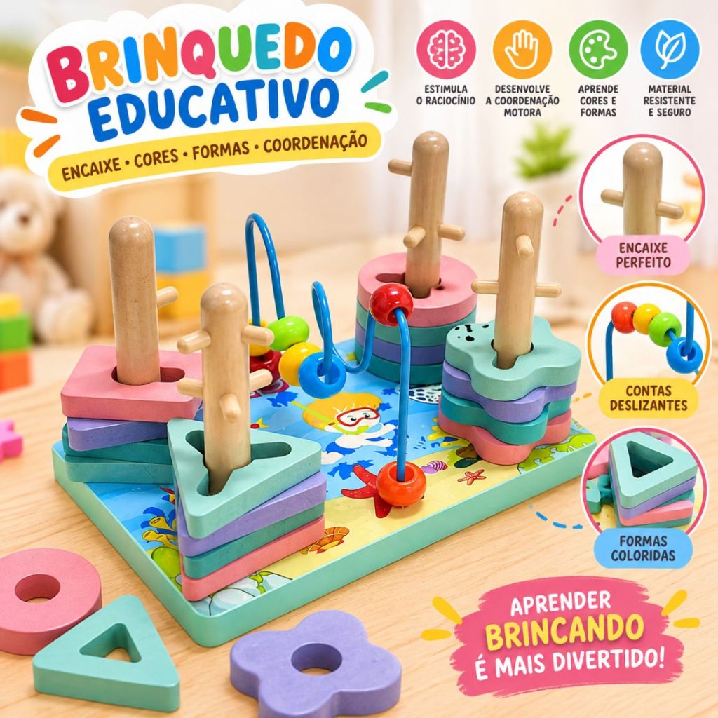 Aramado Pedagógico Grande Método Montessori Cores e Formas Brinquedo Dia das Crianças Toymix