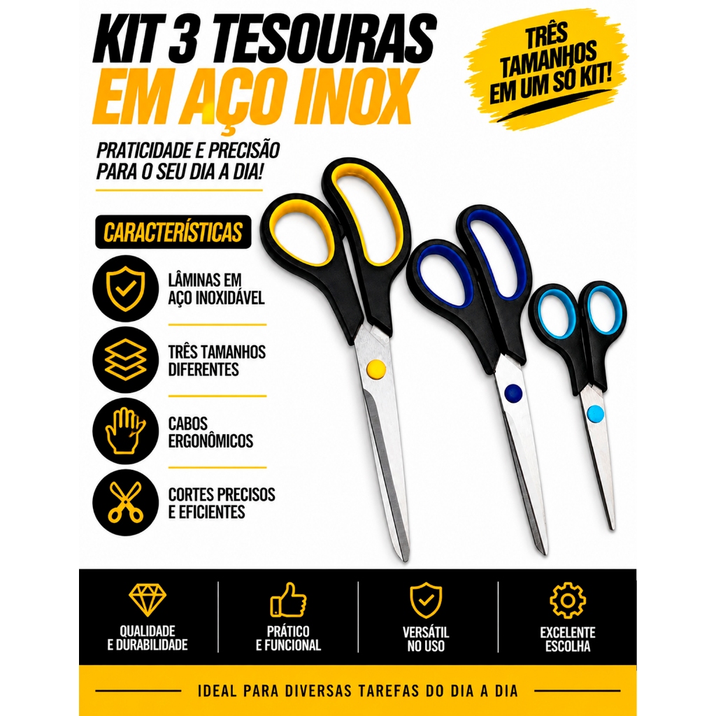 Kit 3 Tesouras em Aço Inox Pequena Média Grande para Costura Artesanato Escola Escritório e Uso Geral