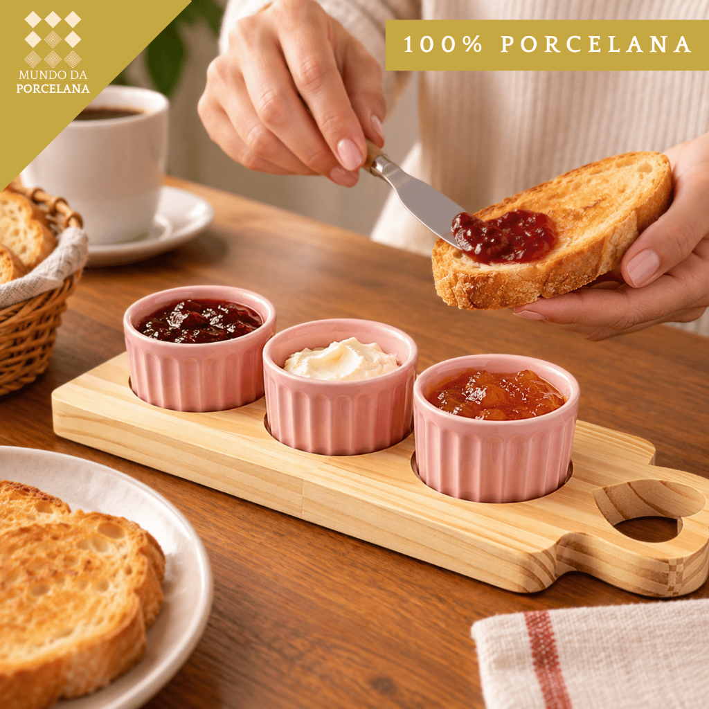 Kit Ramequim Molhos Tempero Rosa Porcelana Tabua Madeira Lar Decoração Petisco Entradas Bar Bistro