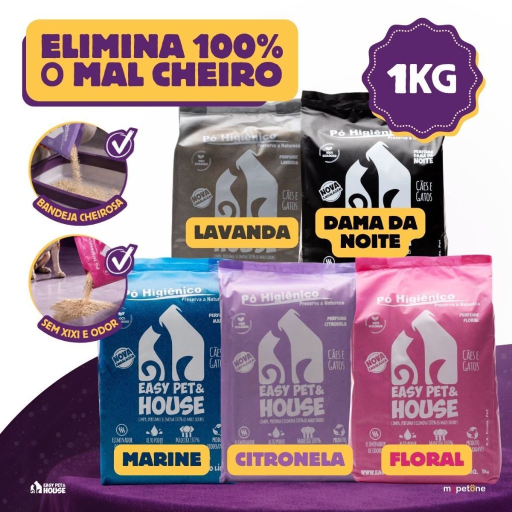 Pó Higiênico 1Kg Antiodor Seca Xixi Cães e Gatos EasyPet Limpeza Fácil com Ação Bactericida