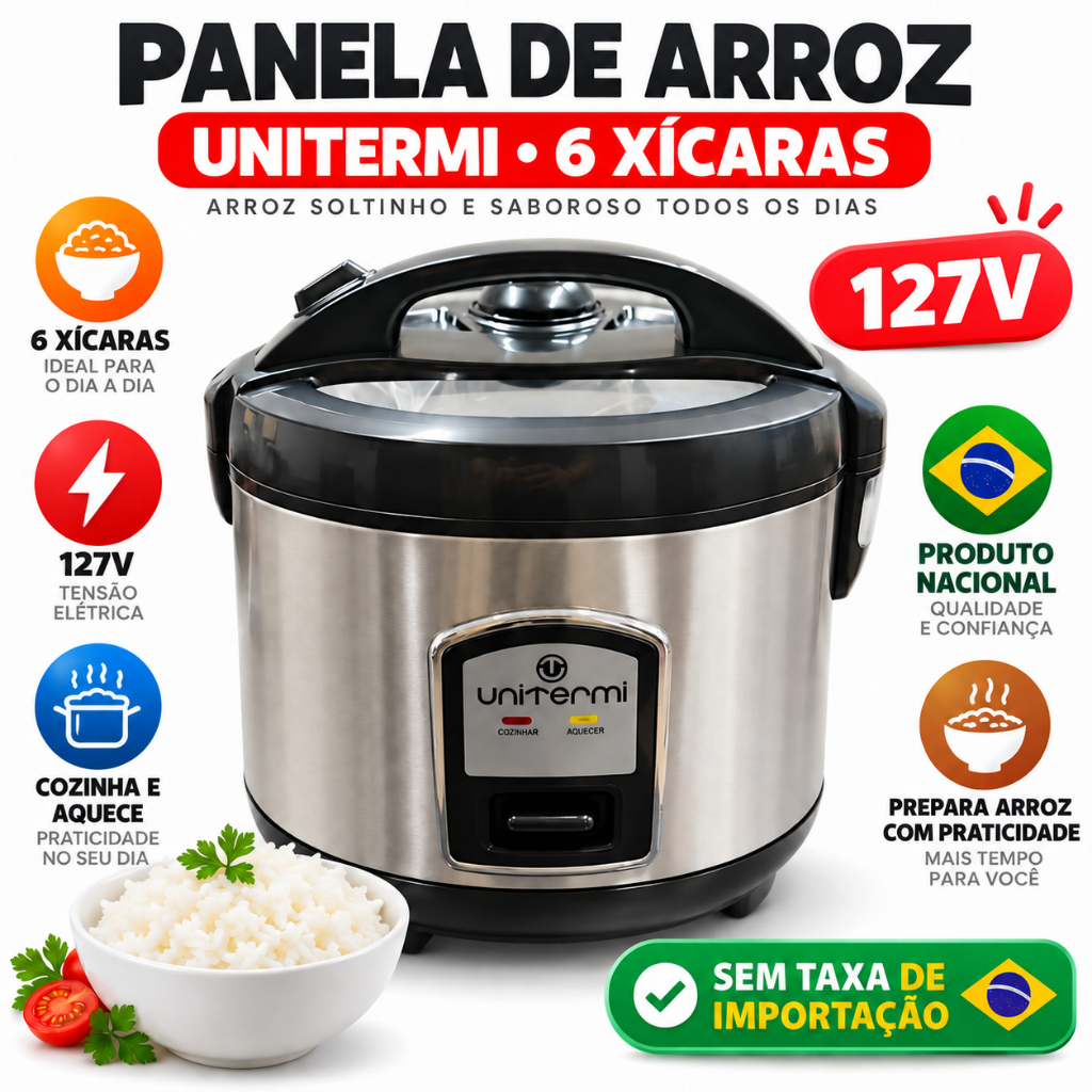 Imagem Panela de Arroz Elétrica Aço Inox Antiaderente 6 Xícaras UNITERMI 110/127V Prática Compacta