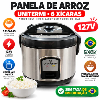 Panela de Arroz Elétrica Aço Inox Antiaderente 6 Xícaras UNITERMI 110/127V Prática Compacta