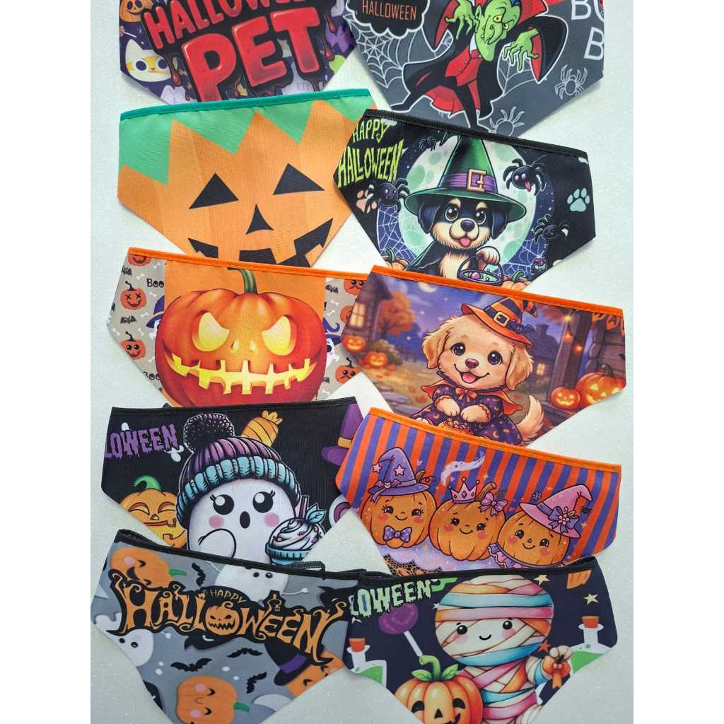 Kit 100 Bandanas Halloween Pet Shop Banho & Tosa Atacado Cachorro Estampas Sortidas Macho e Fêmea Tactel Macio P M G GG