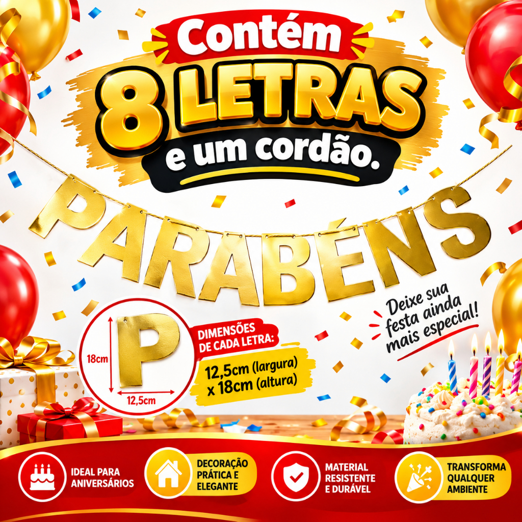 Faixa Parabéns Dourada Ou Prata - 08 peças - Decoração Aniversário