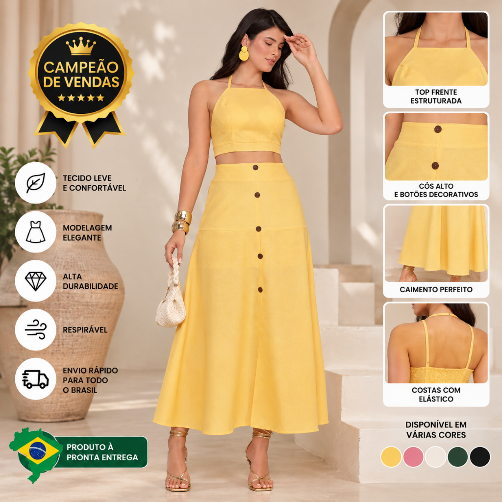 Saia Longa Feminina Linho Premium com Botões Fenda e Cintura Elástica Elegante Casual P M G