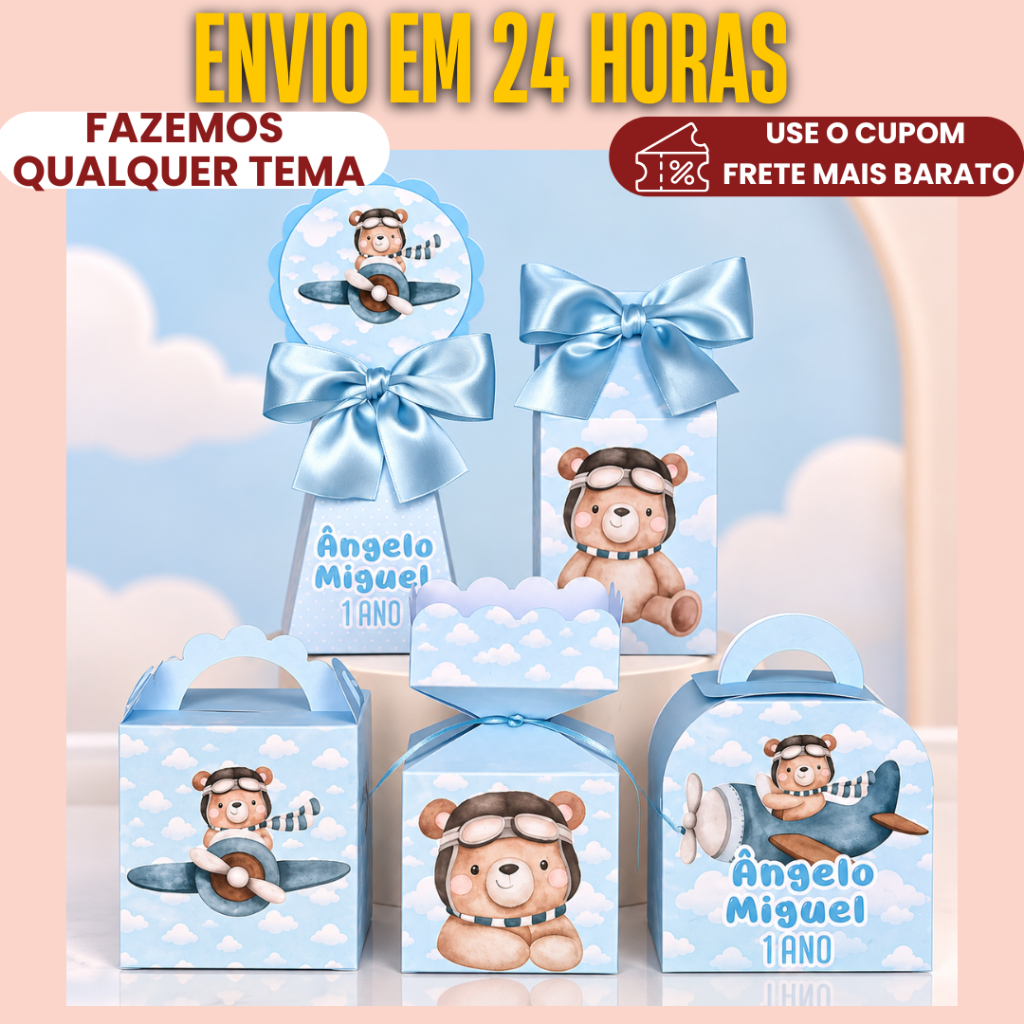 Lembrancinha Personalizada PEGUE E MONTE Ursinho Aviador, urso baloeiro - Kit festa aniversário mesversario, chá de bebê
