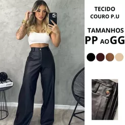 Calça de couro Pantalona Feminina Couro Sintético Premium Wide Leg Cintura Alta