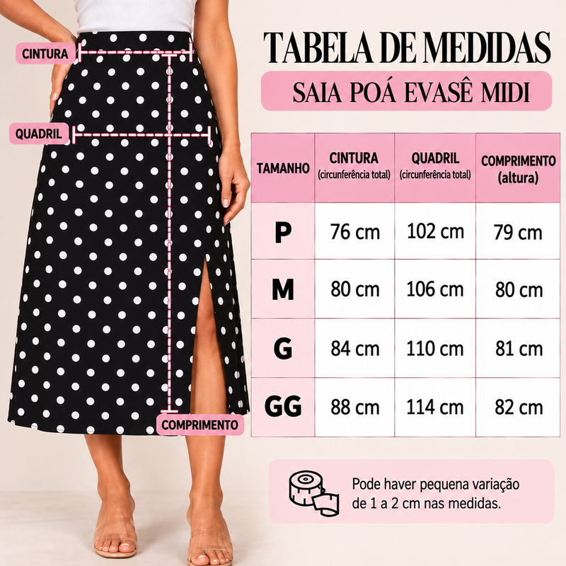 **Saia Midi Feminina Poá em Crepe com Fenda e Zíper Invisível nas Costas** — imagem 2 de 2