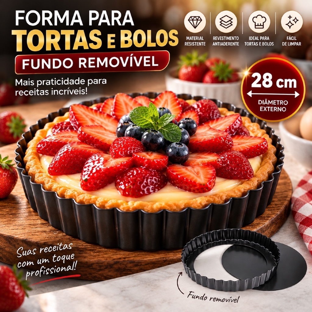 Forma Canelada 28 cm com Fundo Falso Removivel em Teflon Anti Aderente para Torta Bolo Quiche