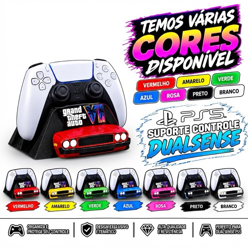 Suporte para Controle PS5 DualSense GTA VI – 7 Cores Disponíveis