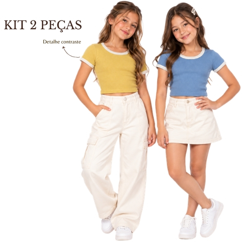 Kit 2 Peças Baby Look Cropped Juvenil Menina Blusa Feminina Manga Curta Canelada Básica Verão
