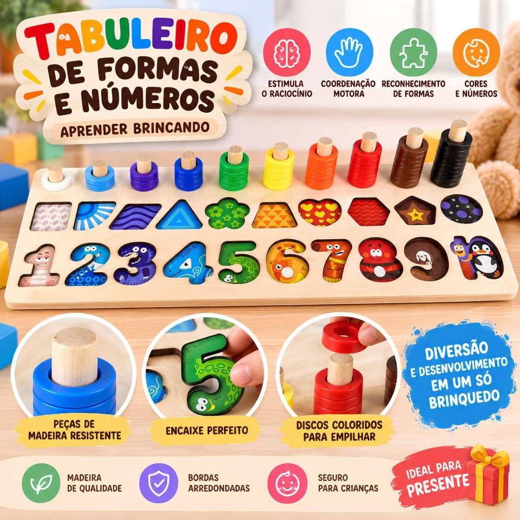 Tabuleiro Montessori 3 em 1 Educativo MDF 75 Peças Pedagógico Letras Números Formas Argolas