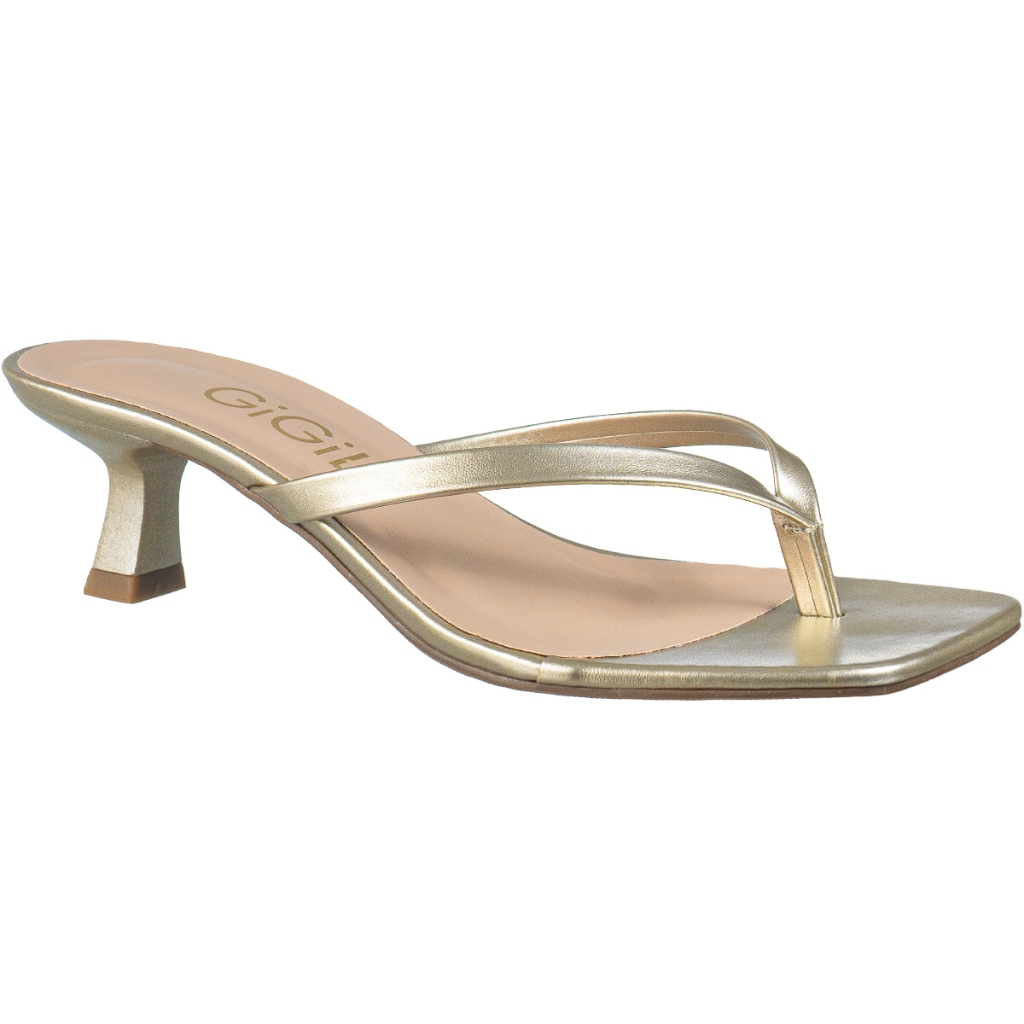Tamanco Feminino Tira Dedo Fio Dental Salto Kitten Bico Quadrado Baixo Fino Elegante Verão Iris