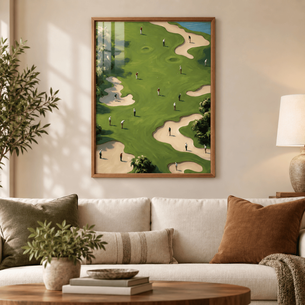 Quadro Decorativo Campo de Golfe Ilustração Minimalista Esporte Verde Paisagem Aérea Sala Quarto Com Vidro