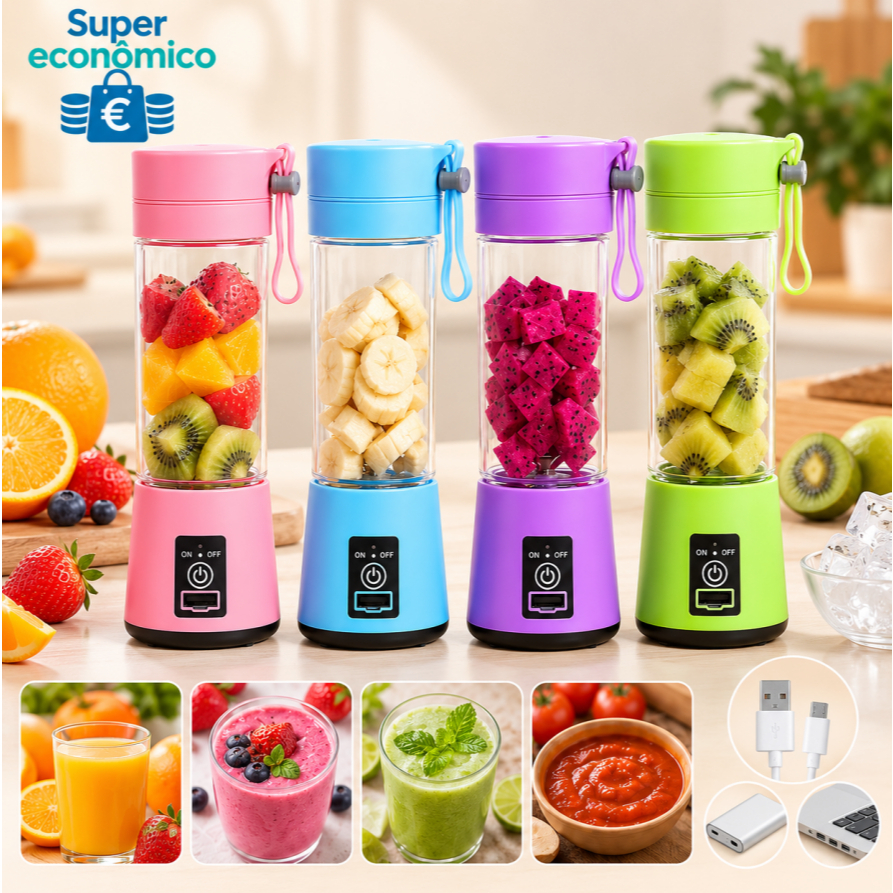Liquidificador Portátil 380ml USB Recarregável 4 Lâminas Mini Mixer para Sucos Vitaminas e Frutas