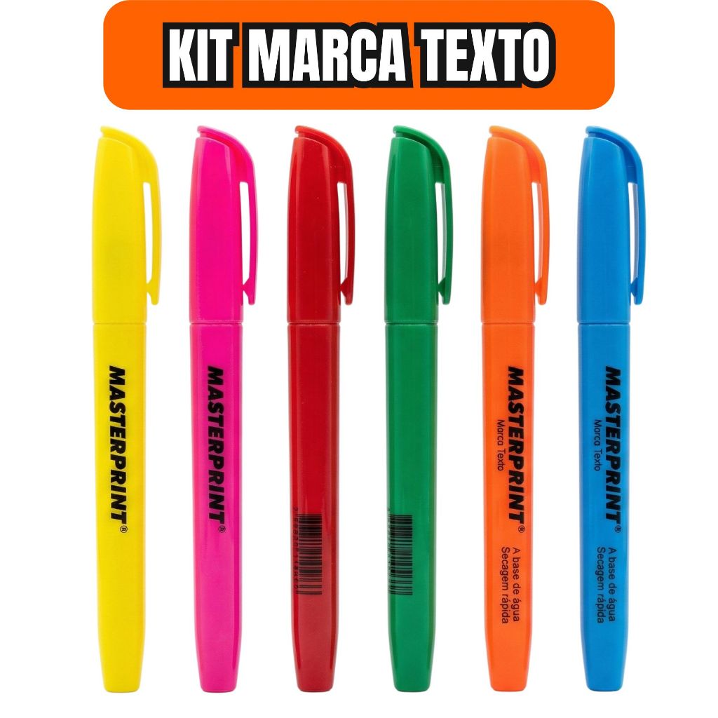 Kit Marca Texto Masterprint Coloridas Todas as Cores Grifar Livro Caderno Faculdade Papelaria