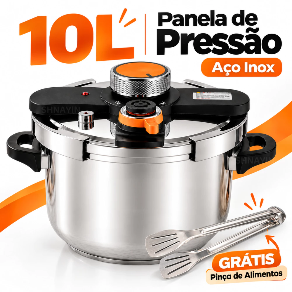 Panela de Pressão Inox 304 10L com Pinça de Alimentos Grátis, 100kPa, Indução e Gás
