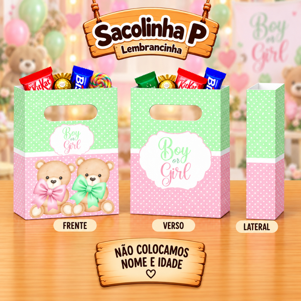 Sacolinha Surpresa Personalizada CHÁ REVELAÇÃO VERDE E ROSA Lembrancinha de Festa de Aniversário PEGUE E MONTE