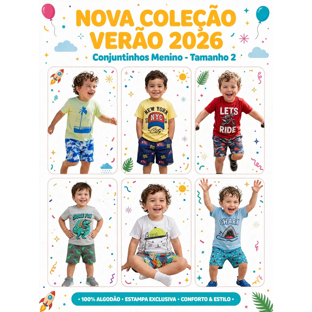 Conjunto  Tamanho 2 - Infantil Masculino - Tecido Macio e Fresquinho - Bermuda + Camiseta