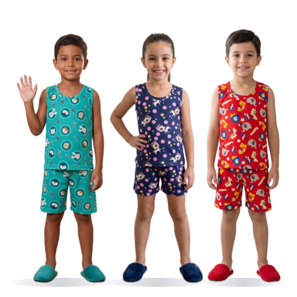 Kit 3 Pijamas Infantil Regata e Short Verão Menino e Menina Conjunto Curto Baby Doll Estampado Juvenil 1 a 12 Anos