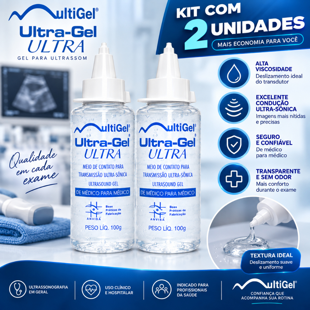 Kit 2 Unidades Gel Condutor Multigel Ultra 100g | Ultrassom, Fisioterapia, Estética, Doppler e ECG