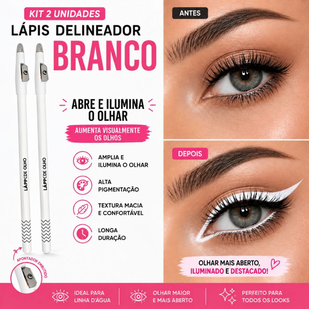Kit 2 Lápis Delineador Branco | Abre e Ilumina o Olhar | Alta Pigmentação Linha d’água