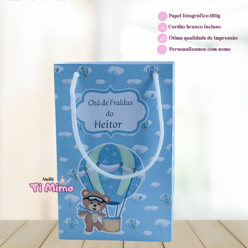 Sacolinha Personalizada Ursinho Baloeiro/Chá de bebê Menino/Festa/Lembrancinha Personalizada/Ursinho