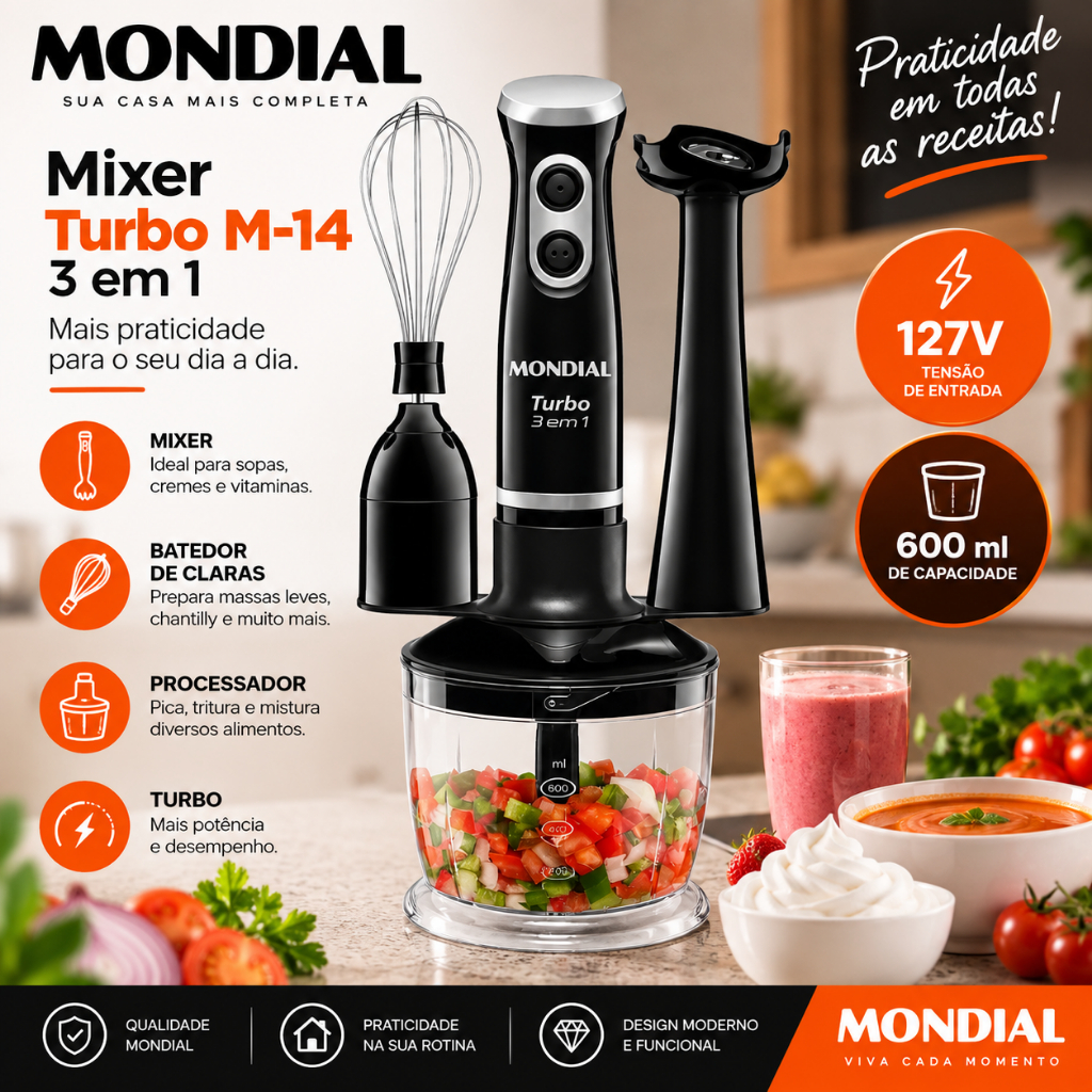 Mixer Mondial Turbo M-14 3 em 1 com Processador e Batedor 127V