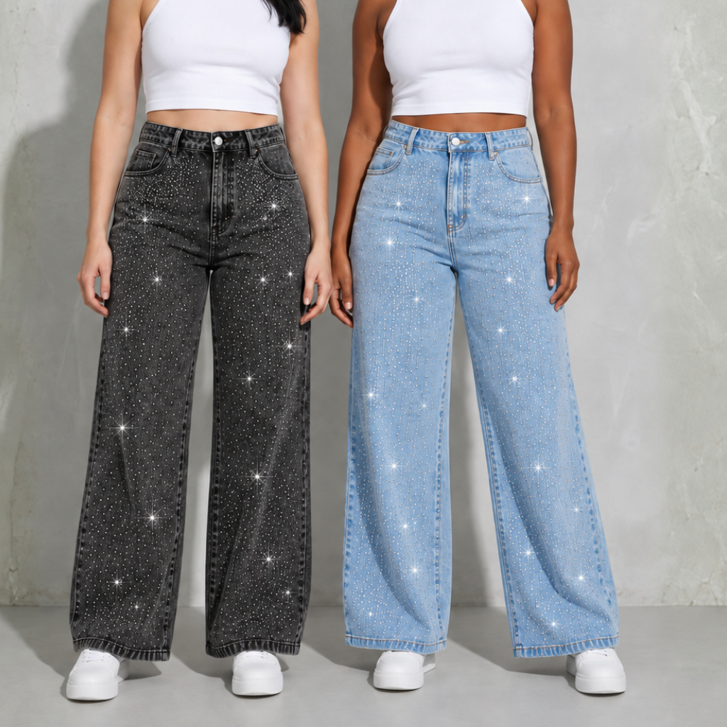 Kit Calça Jeans Wide Leg Feminina Cintura Alta Lavagem Clara e Grafite
