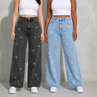 Kit Calça Jeans Wide Leg Feminina Cintura Alta Lavagem Clara e Grafite