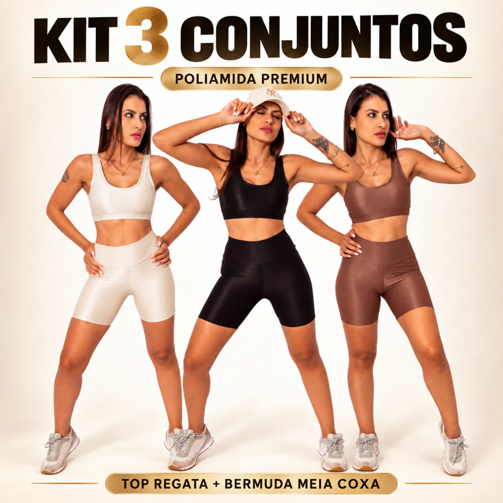 Kit 3 Conjuntos Fitness Feminino Top Regata + Bermuda Meia Coxa Poliamida Micro Canelada com Abertura para Bojo