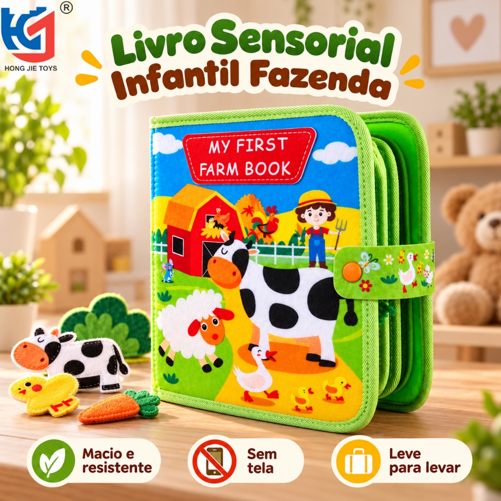 Quiet Book Montessori Fazenda Livro Sensorial Infantil de Feltro Brinquedo Educativo Interativo para Bebês