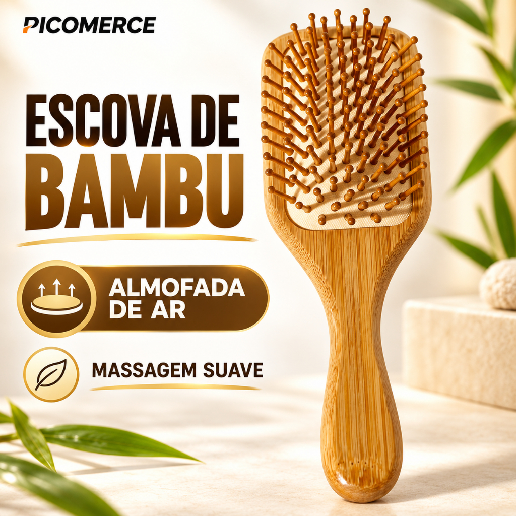 Escova de Cabelo de Bambu com Almofada de Ar para Desembaraçar e Massagear o Couro Cabeludo