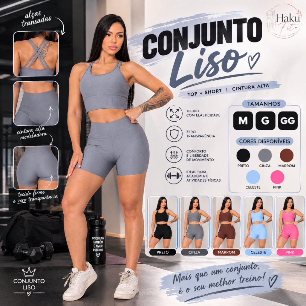 Conjunto Liso Feminino Top + Short Cintura Alta Fitness Academia zero transparencia Treino Corrida ciclismo