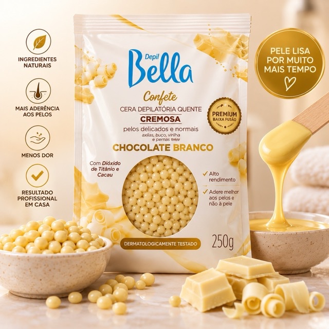 Cera Confete Chocolate Branco Depil Bella 250g P/ Depilação suave e confortável